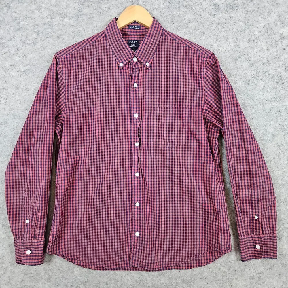 J Crew Re-Imagined Slim Untucked Flex Washed Size L Shirt Blue Red Checks Preppy
